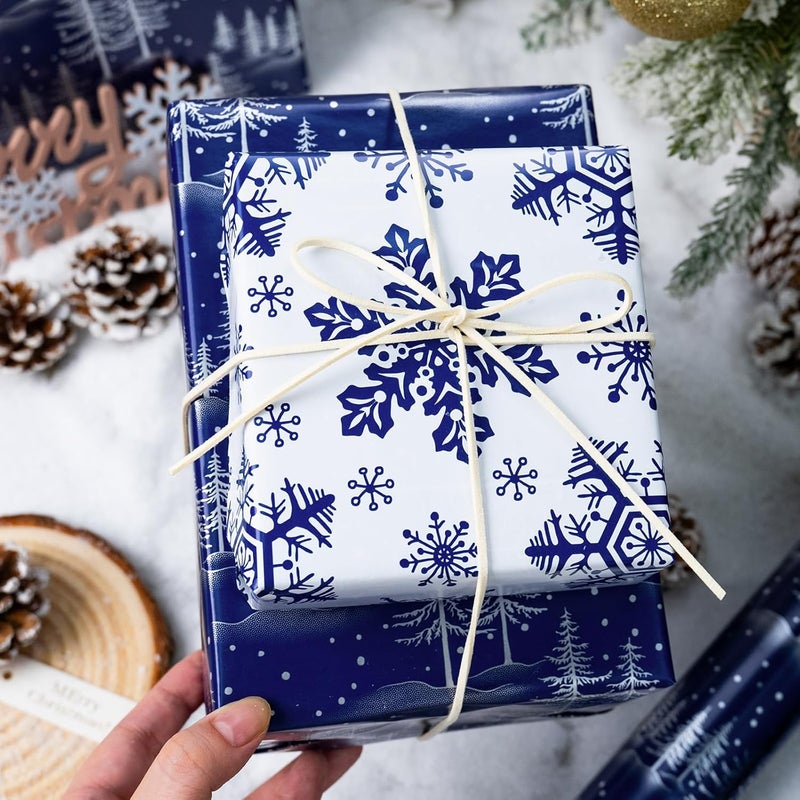 MAYPLUSS Christmas Wrapping Paper Roll - 17IN X 33FT - Blue Gift Wrapping Paper Featuring Christmas Tree Against Navy Blue Reversible Snowflke for Kids, Holiday, New Year - Image 3